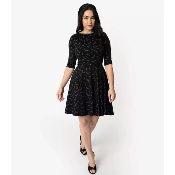 Unique Vintage Dresses & Skirts - Unique Vintage Black & Grey Bats Fit & Flare Dress
